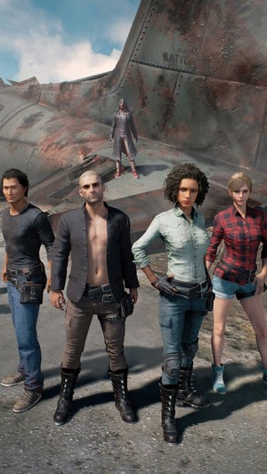 PlayerUnknown's Battlegrounds characters in front of wreckage