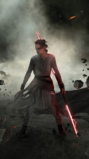 Rey from Star Wars The Rise of Skywalker with a red lightsaber