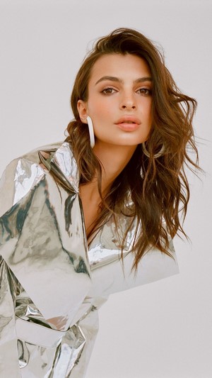 Emily Ratajkowski in a silver jacket