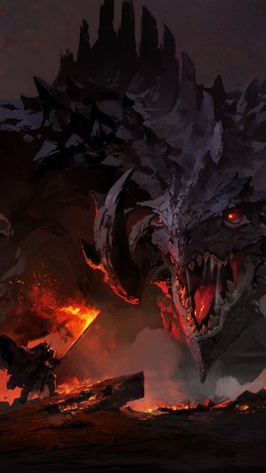 Dragon and Warrior in a Fiery Landscape 4K