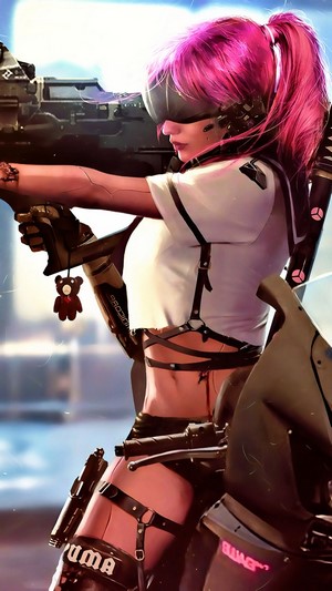 Cyberpunk Girl with Cannon and Motorcycle 4K