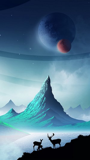 Fantasy landscape with planets and deer