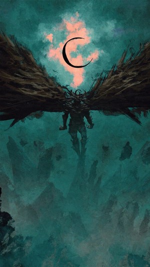 Dark Warrior with Wings and Crescent Moon