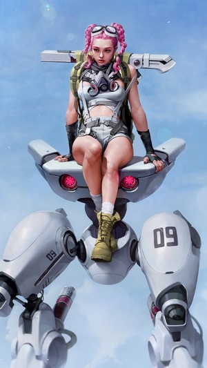 Girl with pink pigtails on a mech