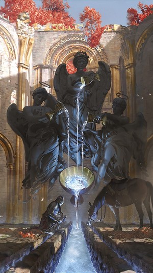 Fantasy Knight and Horse in Ruined Cathedral with Angel Fountain