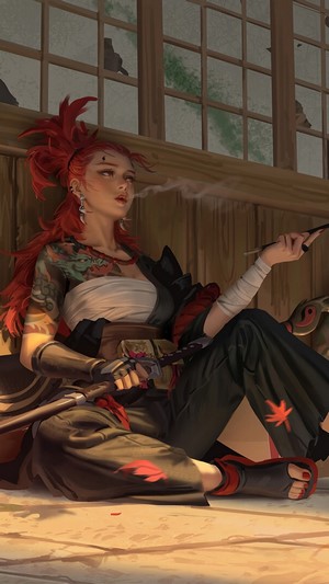 Tattooed Samurai Warrior Girl Smoking