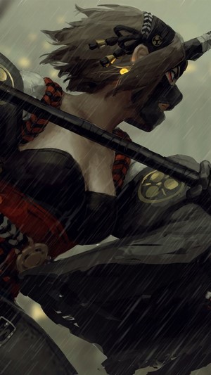 Samurai Warrior Girl with Mask in Rain 4K