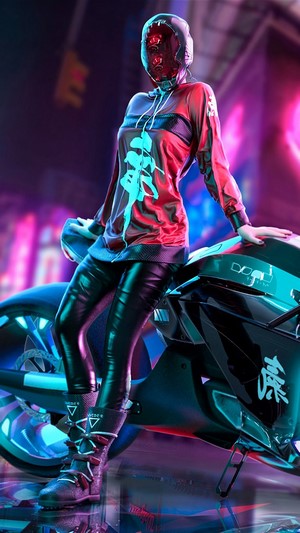 Cyberpunk, Girl, Motorcycle, 4k