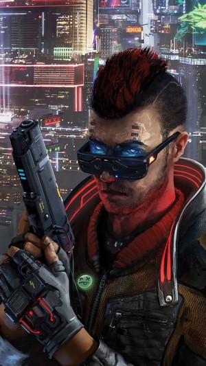 Cyberpunk man with pistol in city 4K