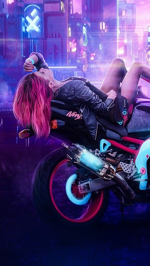 Cyberpunk, Girl, Motorcycle, 4k