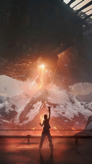 Sci-Fi scene with spaceship over mountains