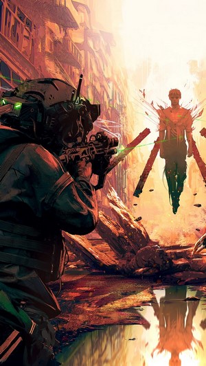 Soldier aiming rifle at glowing figure in ruined city 4K
