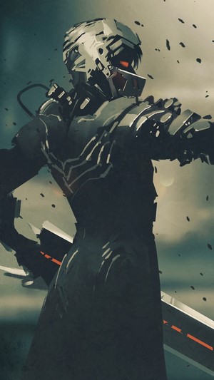 Sci-Fi Soldier with Glowing Eyes and Sword