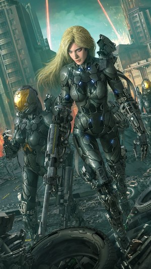 Sci-Fi soldiers in futuristic armor in a ruined city