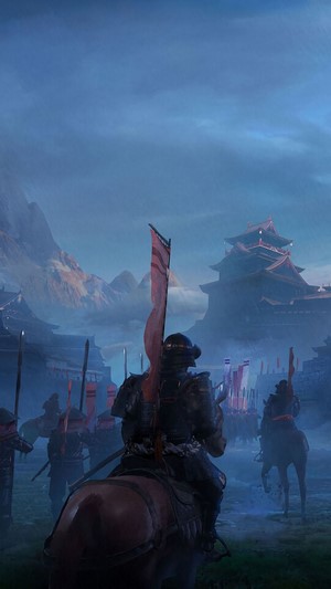 Samurai army with flags near a Japanese castle