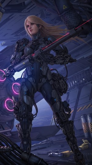 Female soldier in sci-fi armor holding a weapon