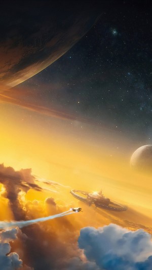 Spaceship near a space station in a nebula