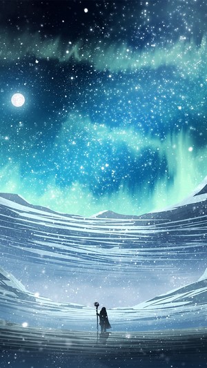 Fantasy landscape with aurora and a lone figure