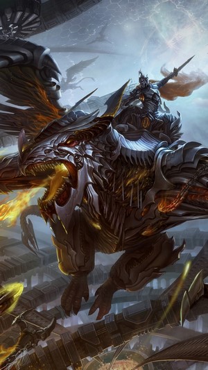 Warrior riding a mechanical dragon in fantasy sci-fi 4K