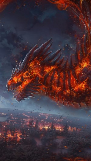 Fiery Dragon Over a Burning City