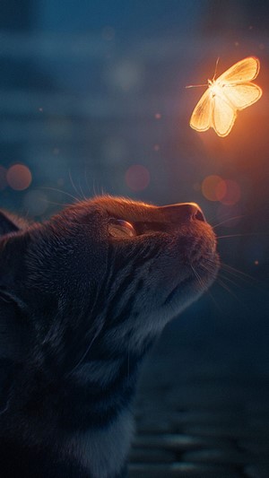Cat looking at a glowing butterfly