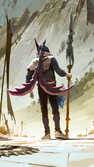 Character from League of Legends with weapons and staff