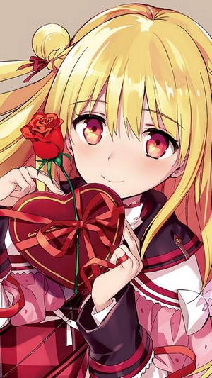 Melida Angel from Assassins Pride holding a rose and chocolate box