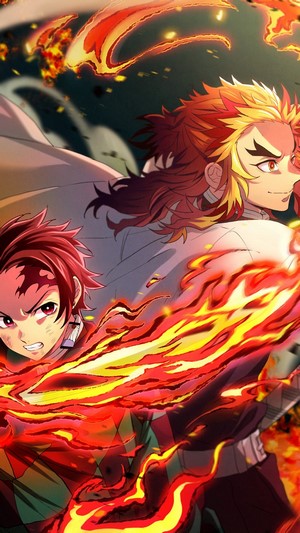 Tanjiro and Kyojuro Rengoku, Flames, Katana, Kimetsu no Yaiba, 4k HD ...