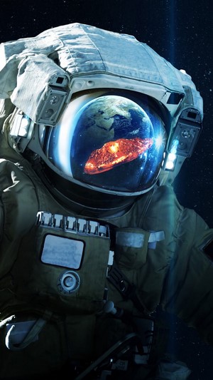 Astronaut in space with Earth and asteroid reflection