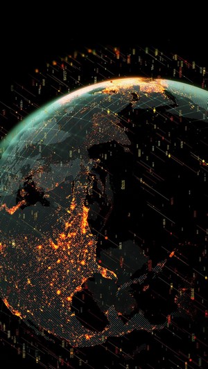 Digital Earth with glowing continents and data streams
