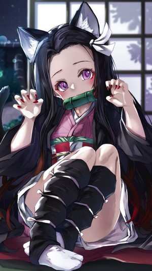 Nezuko Kamado, Cute, Neko, Kimetsu no Yaiba, 4k