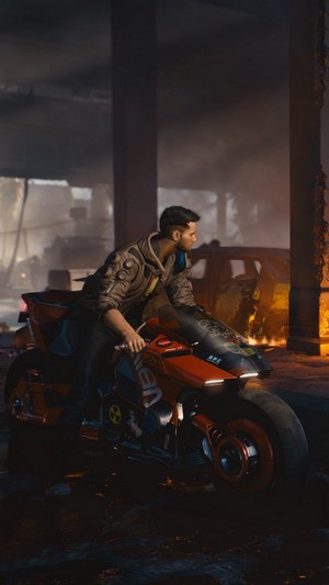 V from Cyberpunk 2077 on a motorcycle 4K