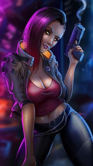 Female V from Cyberpunk 2077 holding a gun