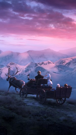 Olaf and Kristoff in a carriage pulled by Sven in Frozen 2