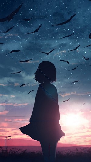 Sunrise, Anime, Girl, Silhouette, Scenery, 4k