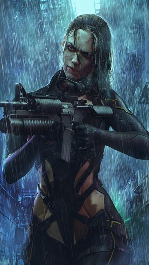 Sci-Fi Soldier Girl with Gun in Rain 4K