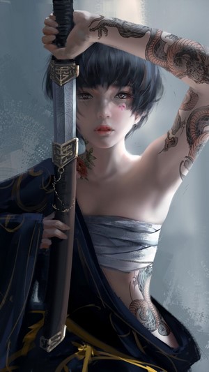 Fantasy, Girl, Tattoo, Warrior, Sword, 4k