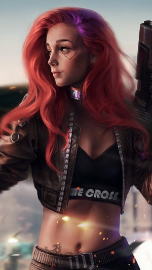 Cyberpunk girl with red hair holding a gun