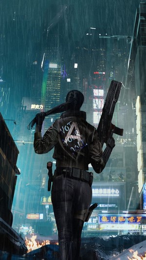 Cyberpunk Girl with Gun in Rainy City 4K