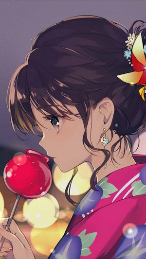Anime girl in kimono eating candy apple at festival