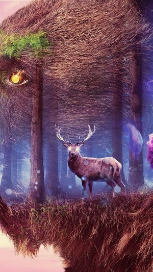 Fantasy forest with bear eye and deer 4K
