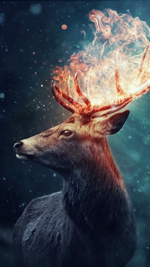 Deer with flaming antlers in digital art