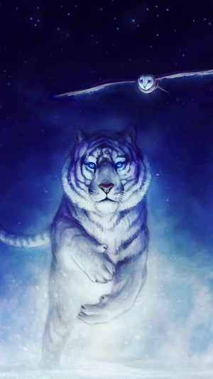 White Tiger and Owl in Starry Night Sky 4K