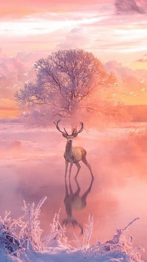 Deer in a winter landscape with a tree and birds
