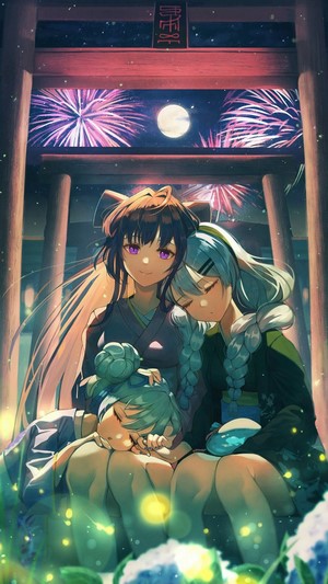 Anime Girls in Kimono at Festival with Fireworks 4K