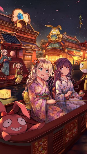 Anime Girls in Kimono at Festival at Night 4K