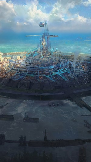 Futuristic Cityscape with Tower and Ocean