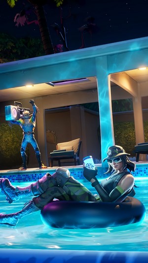 Fortnite characters by a pool at night