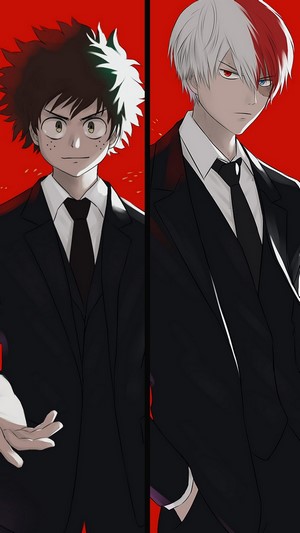 Izuku Midoriya and Shoto Todoroki from My Hero Academia in suits