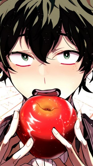 Izuku Midoriya from My Hero Academia eating an apple